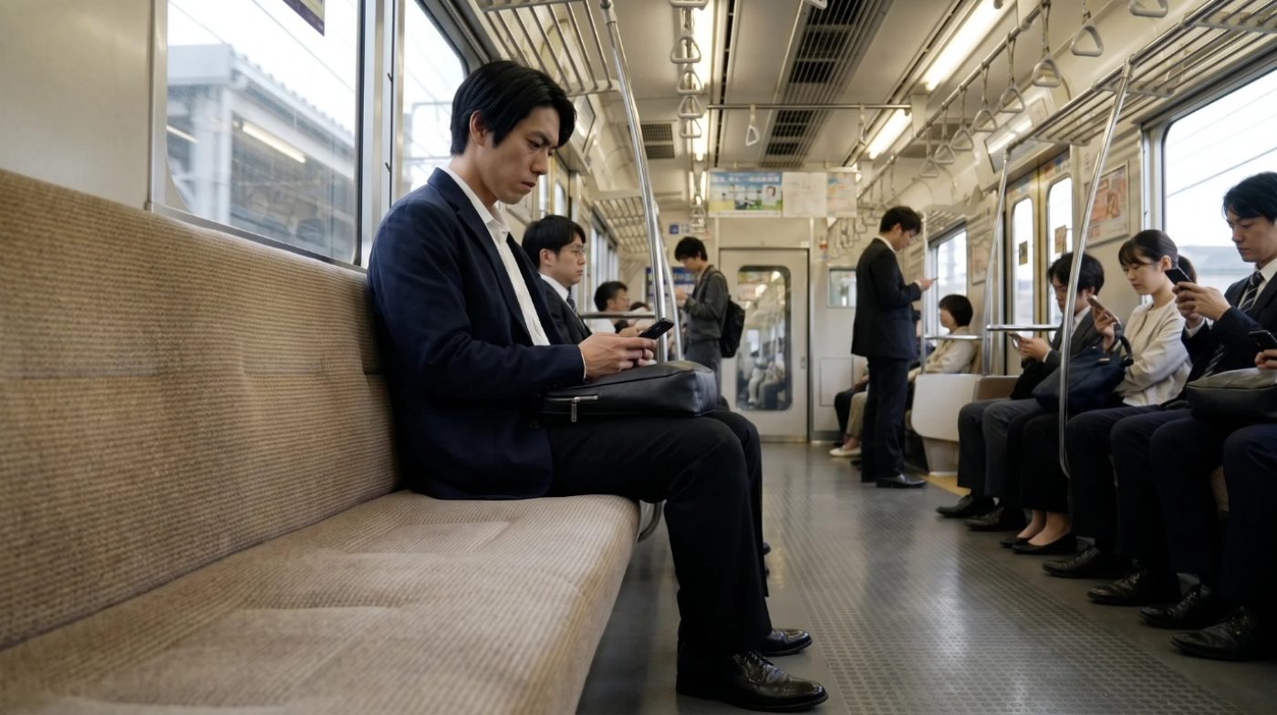 通勤電車の中で何度もメールを開く森田さん(創作事例のイメージ)
