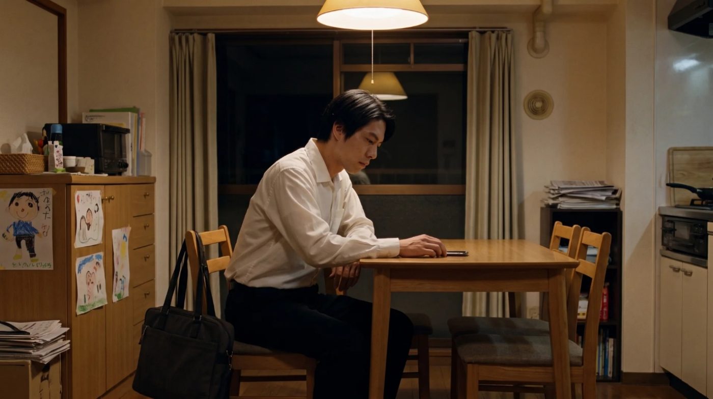 夜の食卓でスマートフォンのメールを確認する森田さん(創作事例のイメージ)