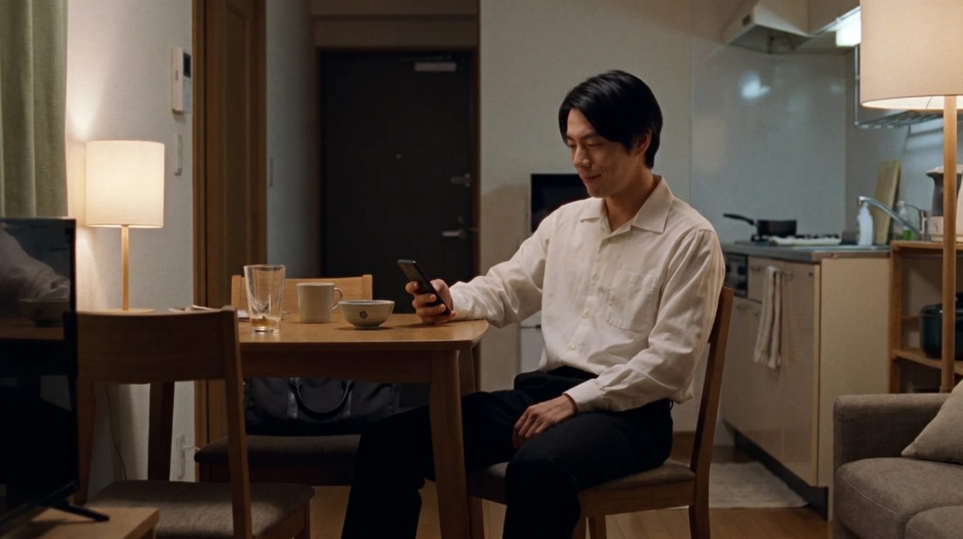 自宅のリビングで取引画面を確認する森田さん(創作事例のイメージ)