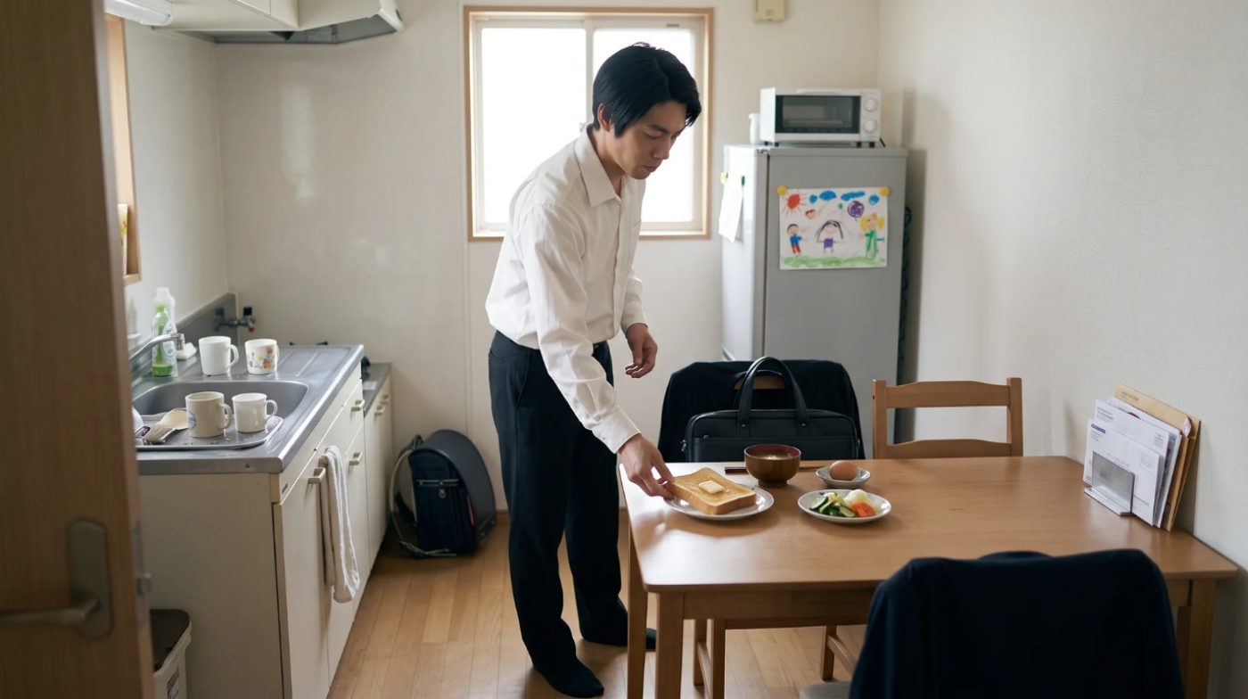 出勤前の朝、台所で支度をする森田さん(創作事例のイメージ)