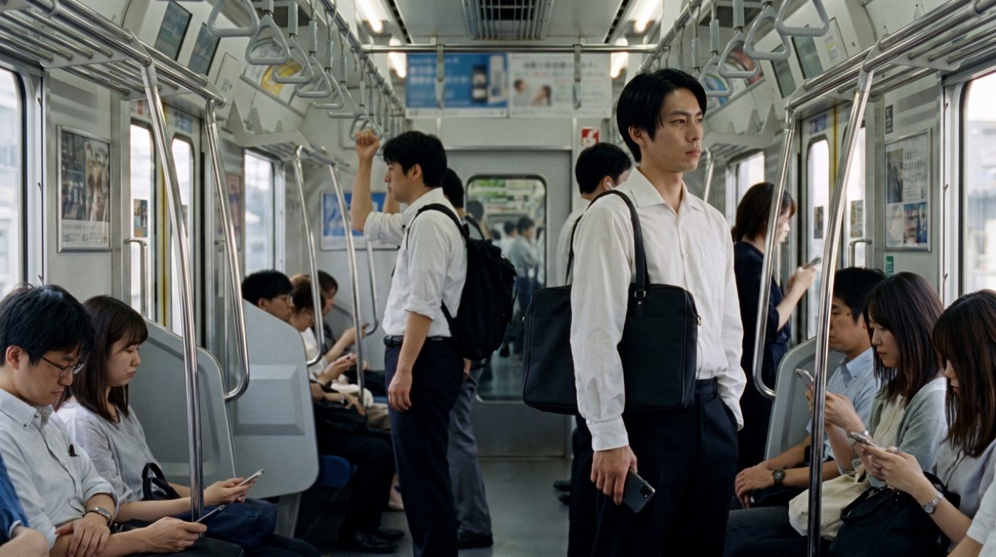 翌朝の電車でスマートフォンを見ずに立つ森田さん(創作事例のイメージ)