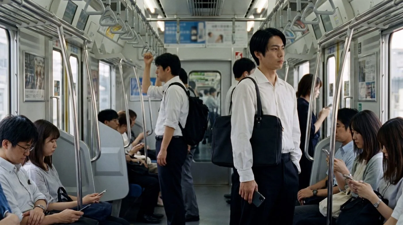 翌朝の電車でスマートフォンを見ずに立つ森田さん（創作事例のイメージ）