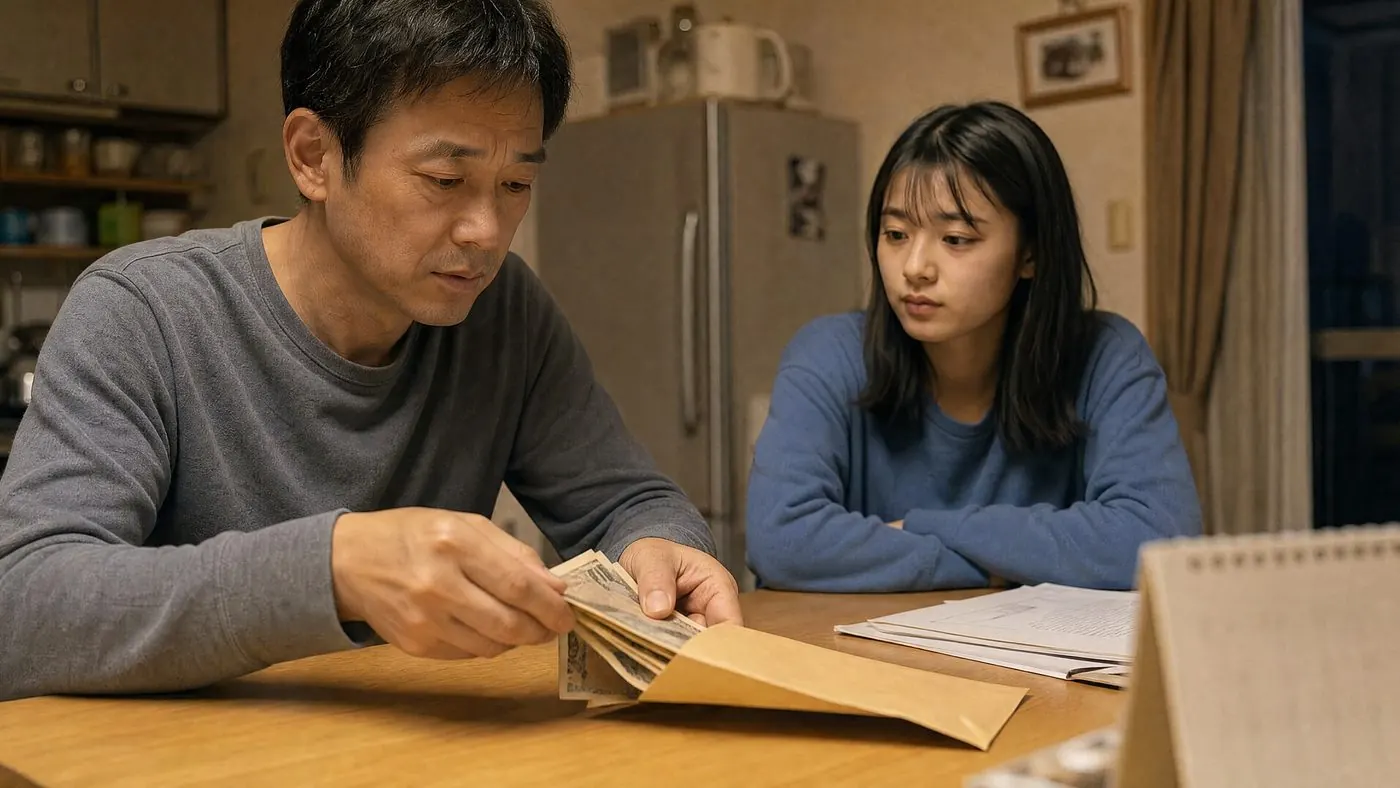 土曜日の夜、引き出しの奥にあった封筒から予備のお金を取り出す様子（創作事例のイメージ）