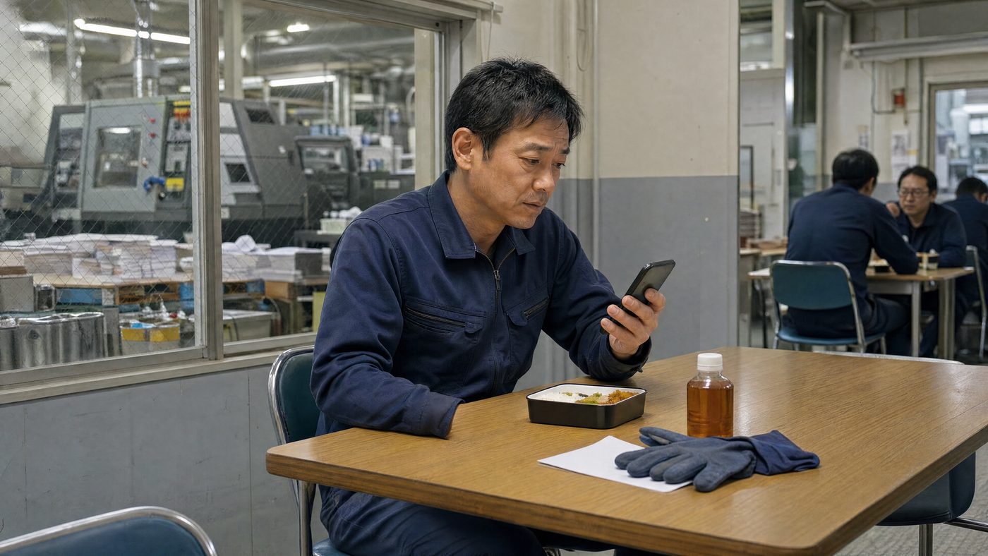 印刷工場の休憩室で、昼休みに銀行アプリを確認する様子(創作事例のイメージ)