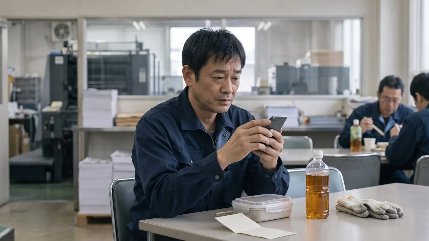 印刷工場の休憩室で、昼休みに銀行アプリを確認する様子（創作事例のイメージ）