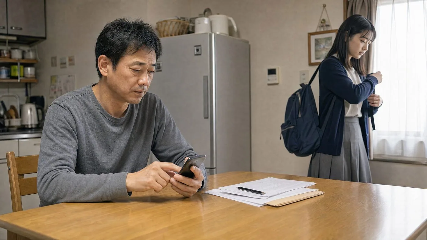 月曜日の朝、食卓で専門学校への振込を済ませる様子（創作事例のイメージ）