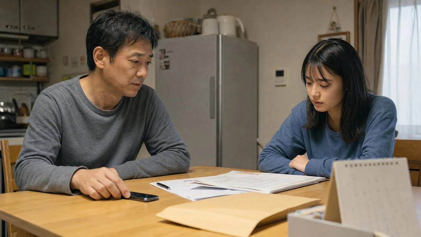 金曜日の夜、食卓で専門学校の書類を前に娘と向き合う様子（創作事例のイメージ）