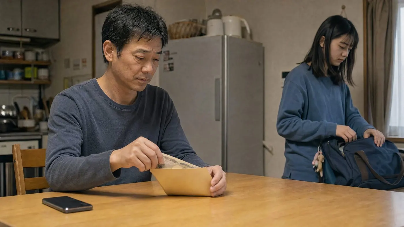 給料日のあと、封筒に少しずつお金を戻す様子（創作事例のイメージ）