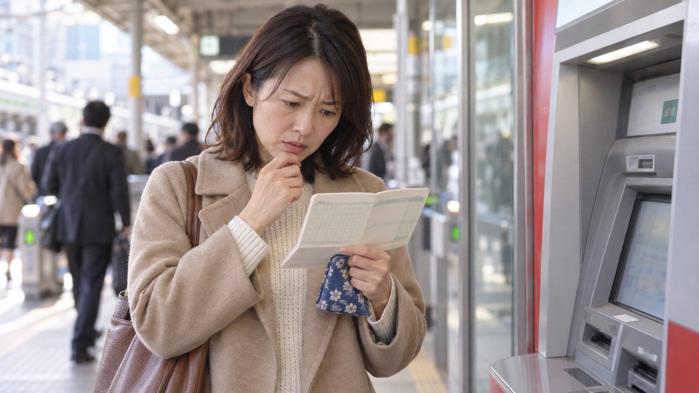 土曜日の午前、駅近くのATMで記帳した通帳を確認する様子(創作事例のイメージ)