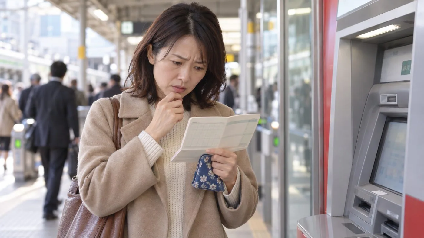 土曜日の午前、駅近くのATMで記帳した通帳を確認する様子（創作事例のイメージ）