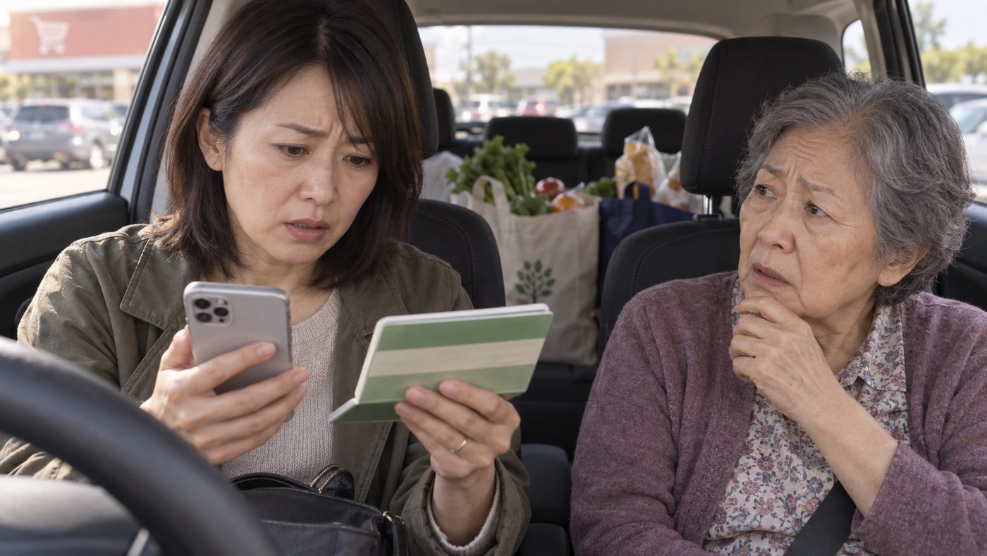 日曜日、買い物帰りの車の中で母に通帳を見せながら話す様子(創作事例のイメージ)