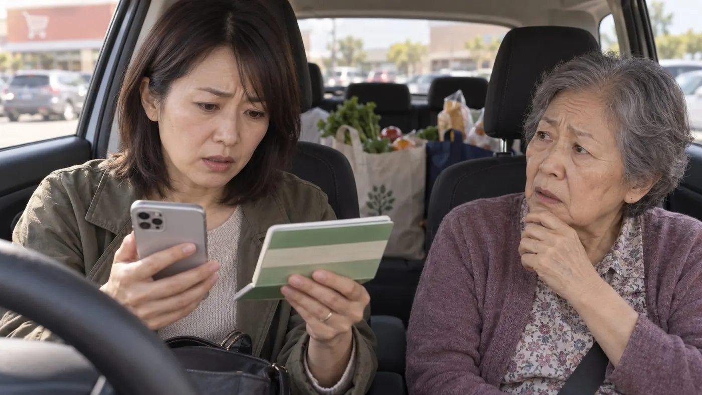 日曜日、買い物帰りの車の中で母に通帳を見せながら話す様子(創作事例のイメージ)