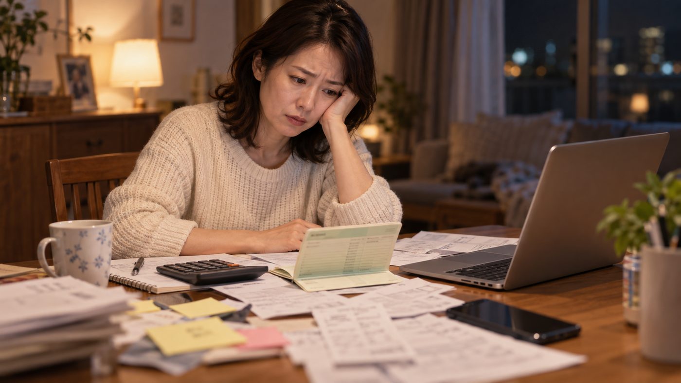 夜、通帳と明細を並べてA社の出金ページを見直す様子(創作事例のイメージ)