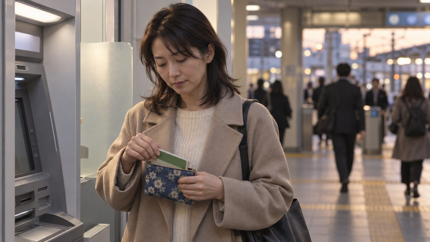 給料日、記帳した通帳を布製のポーチに戻す様子(創作事例のイメージ)