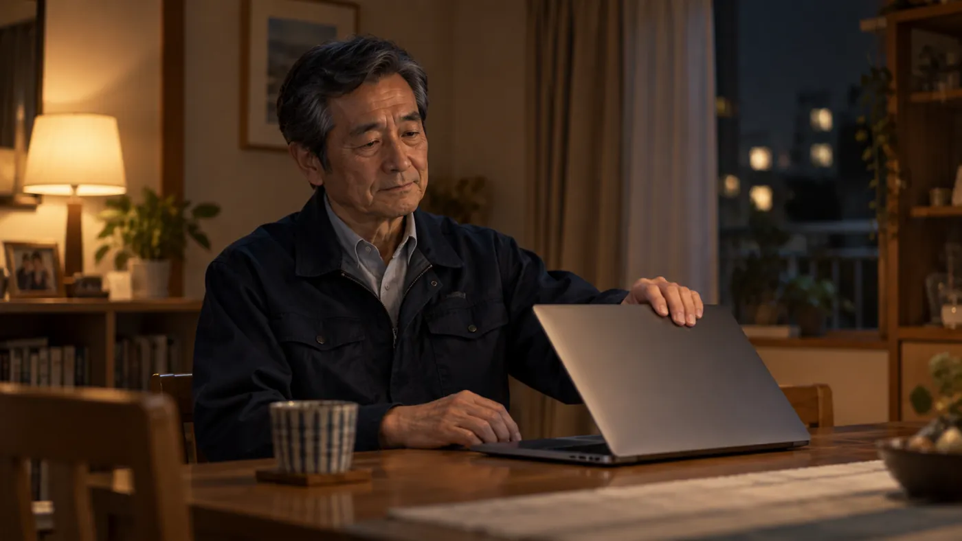 自宅で解約の手続きを終え、ノートパソコンを閉じる様子（創作事例のイメージ）