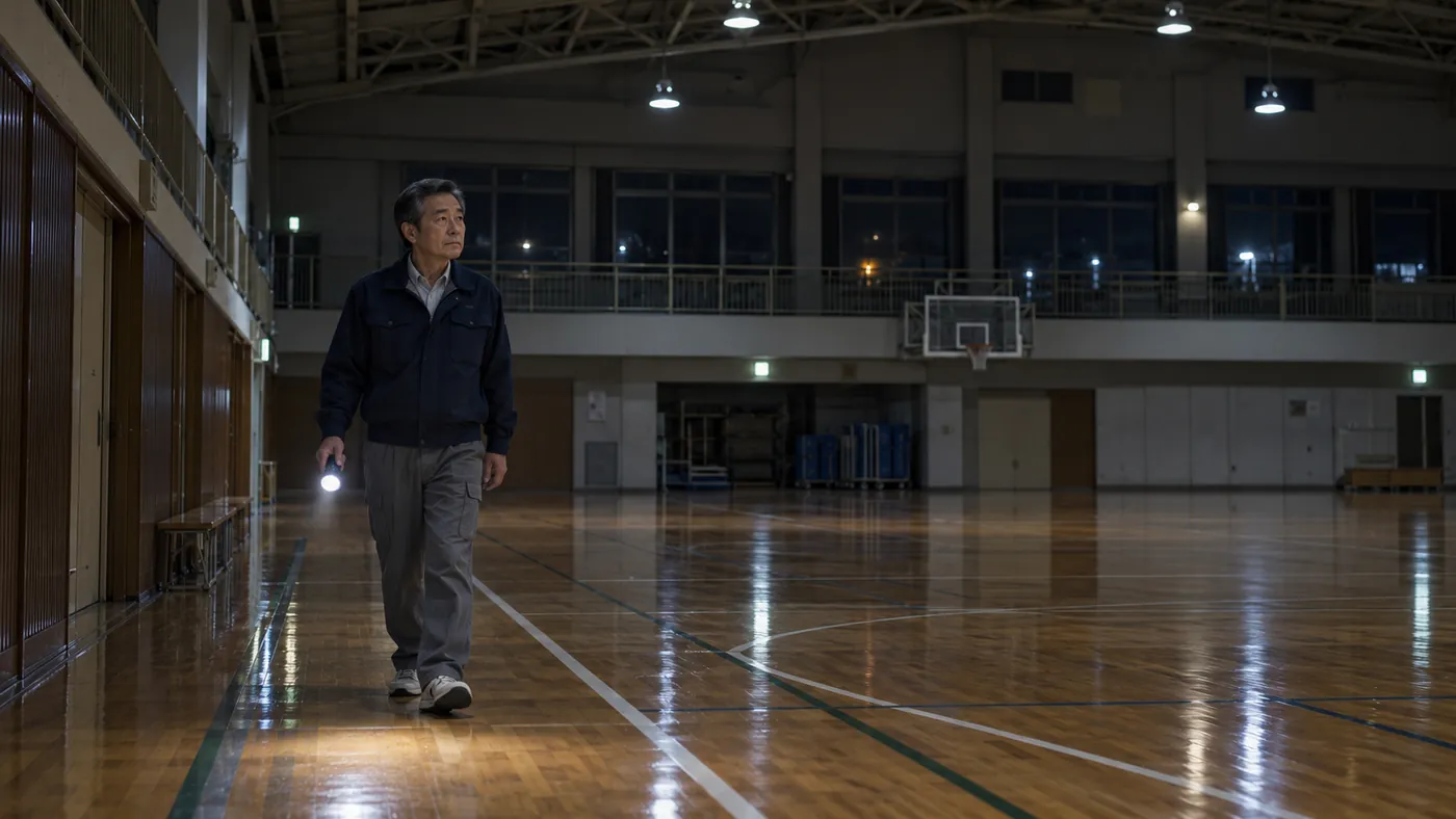 閉館後の体育館を、懐中電灯を手に見回る様子（創作事例のイメージ）