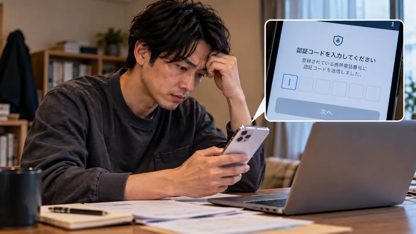 出金手続き中、以前の番号に送られた認証コードの入力画面を前に考え込む様子（創作事例のイメージ）