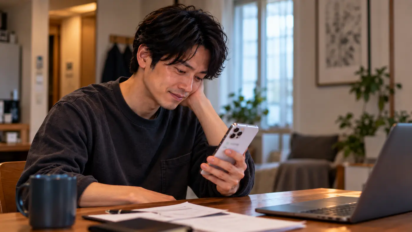 自宅でスマートフォンを手に、入金を確かめる様子（創作事例のイメージ）