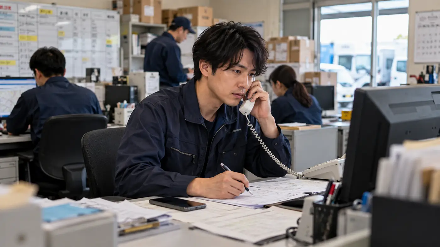 配送会社の事務所で、配車の電話を受けながら予定表に書き込む様子（創作事例のイメージ）