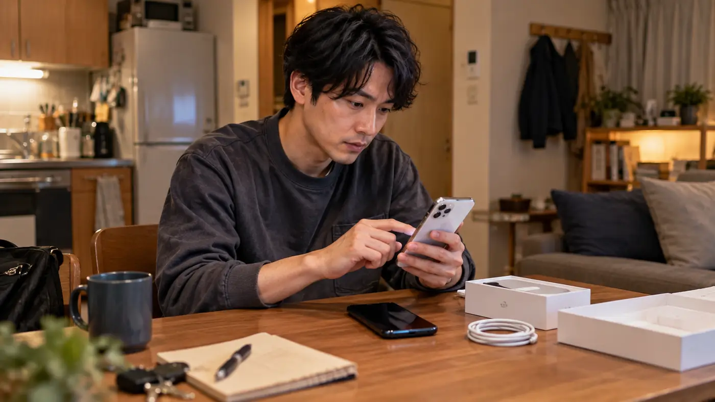 夕方の自宅で、新しいスマートフォンの初期設定を進める様子（創作事例のイメージ）