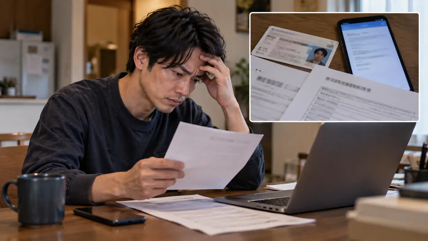 運転免許証と通信会社の書類を並べ、提出資料を確かめる様子（創作事例のイメージ）