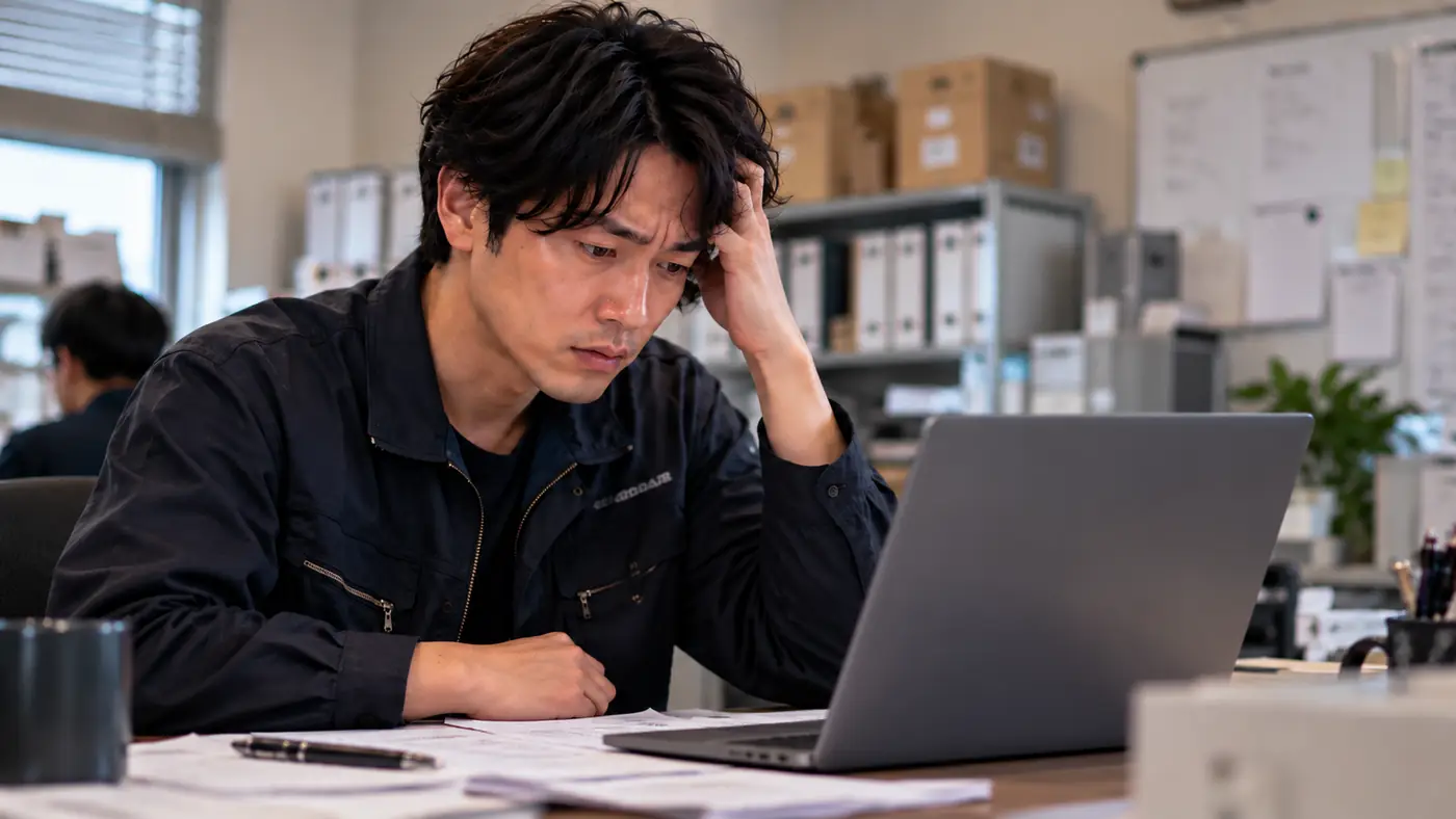 事務所のノートパソコンで、出金状況が変わらない画面を見つめる様子（創作事例のイメージ）