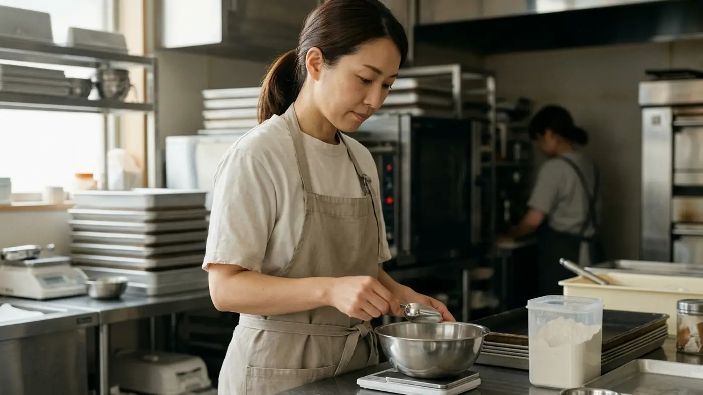 洋菓子店の厨房で、デジタルスケールに載せたボウルへ小麦粉を量り入れる様子(創作事例のイメージ)
