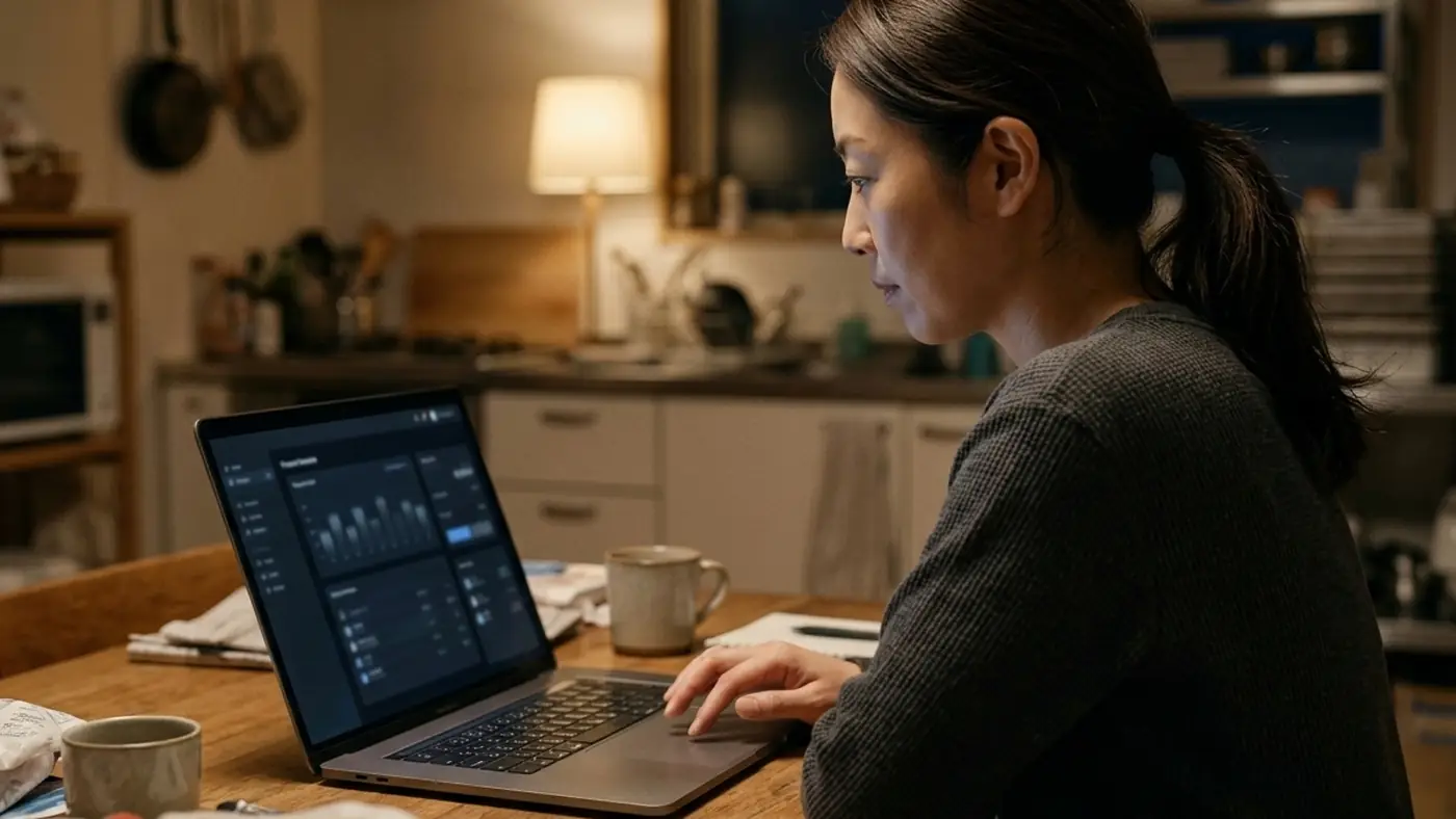 夜の台所のテーブルで、表示が変わっていく取引画面を見つめる様子(創作事例のイメージ)