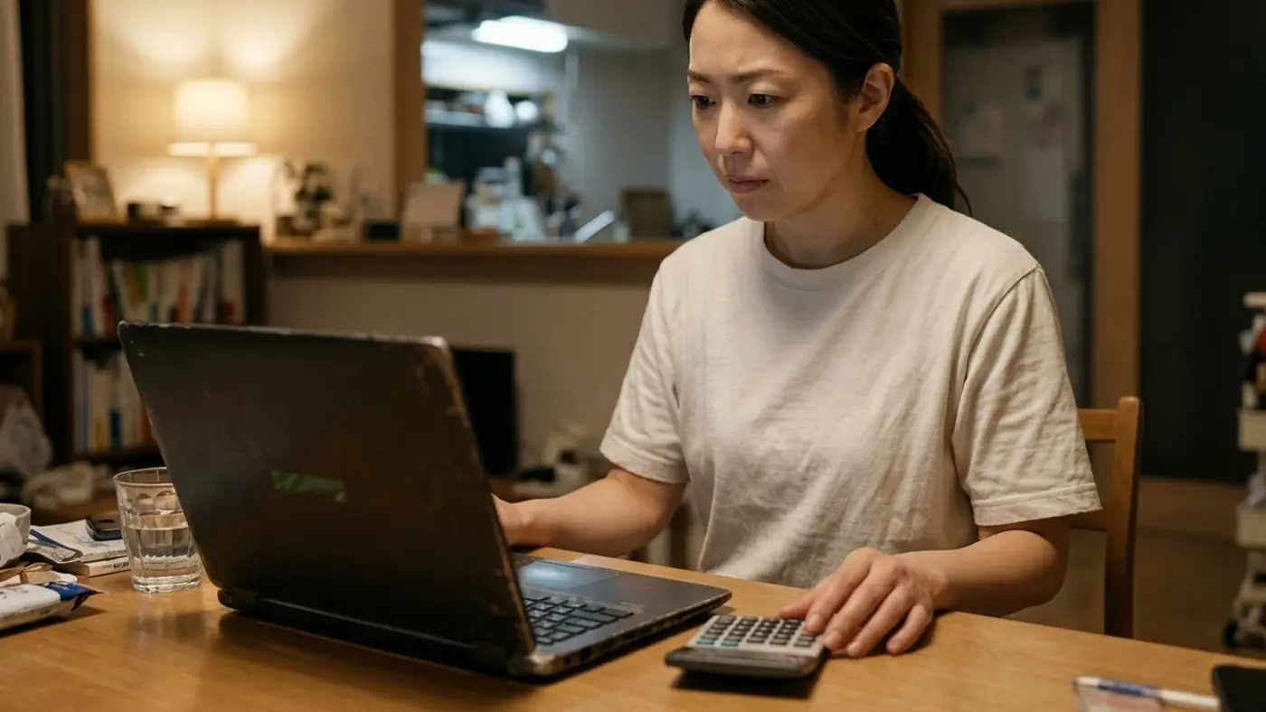 自宅で電卓を使い、取引結果の金額を計算し直す様子(創作事例のイメージ)