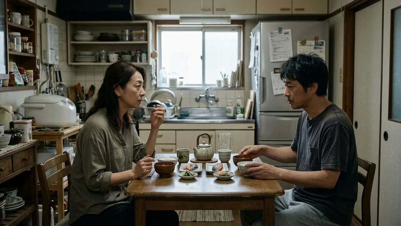 朝食のテーブルで、夜勤明けの夫に出来事を話す様子(創作事例のイメージ)