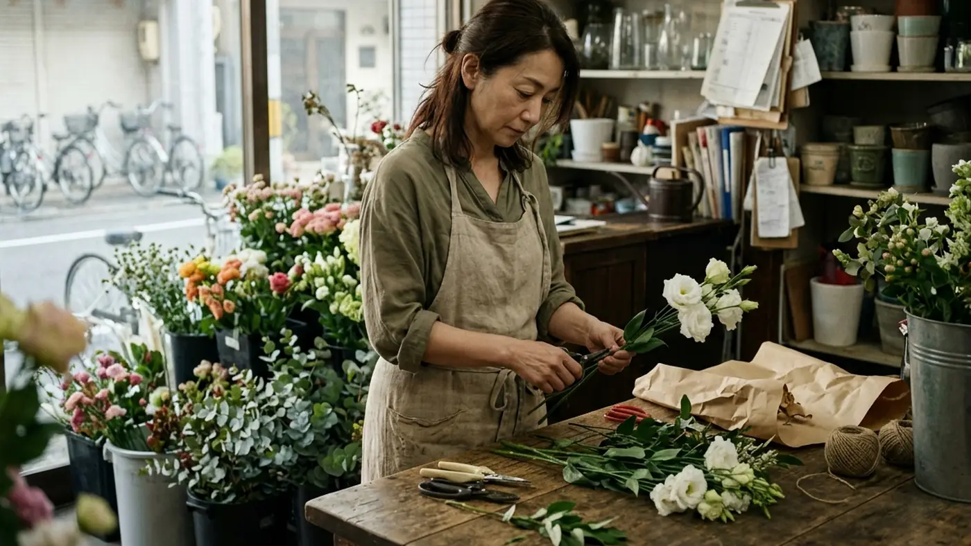花屋の作業台で、白いトルコキキョウの茎を切りそろえる様子(創作事例のイメージ)