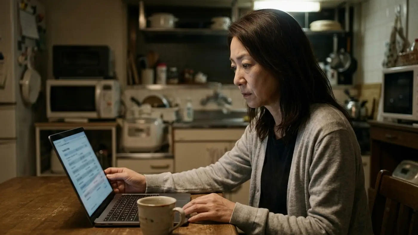 台所のテーブルで、ノートパソコンの取引履歴を確かめる様子(創作事例のイメージ)