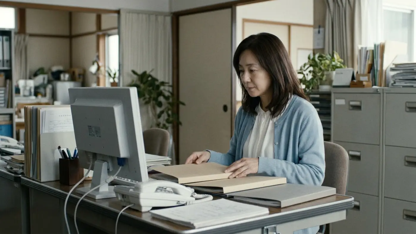 介護施設の事務室で、書類のファイルを整理する様子（創作事例のイメージ）
