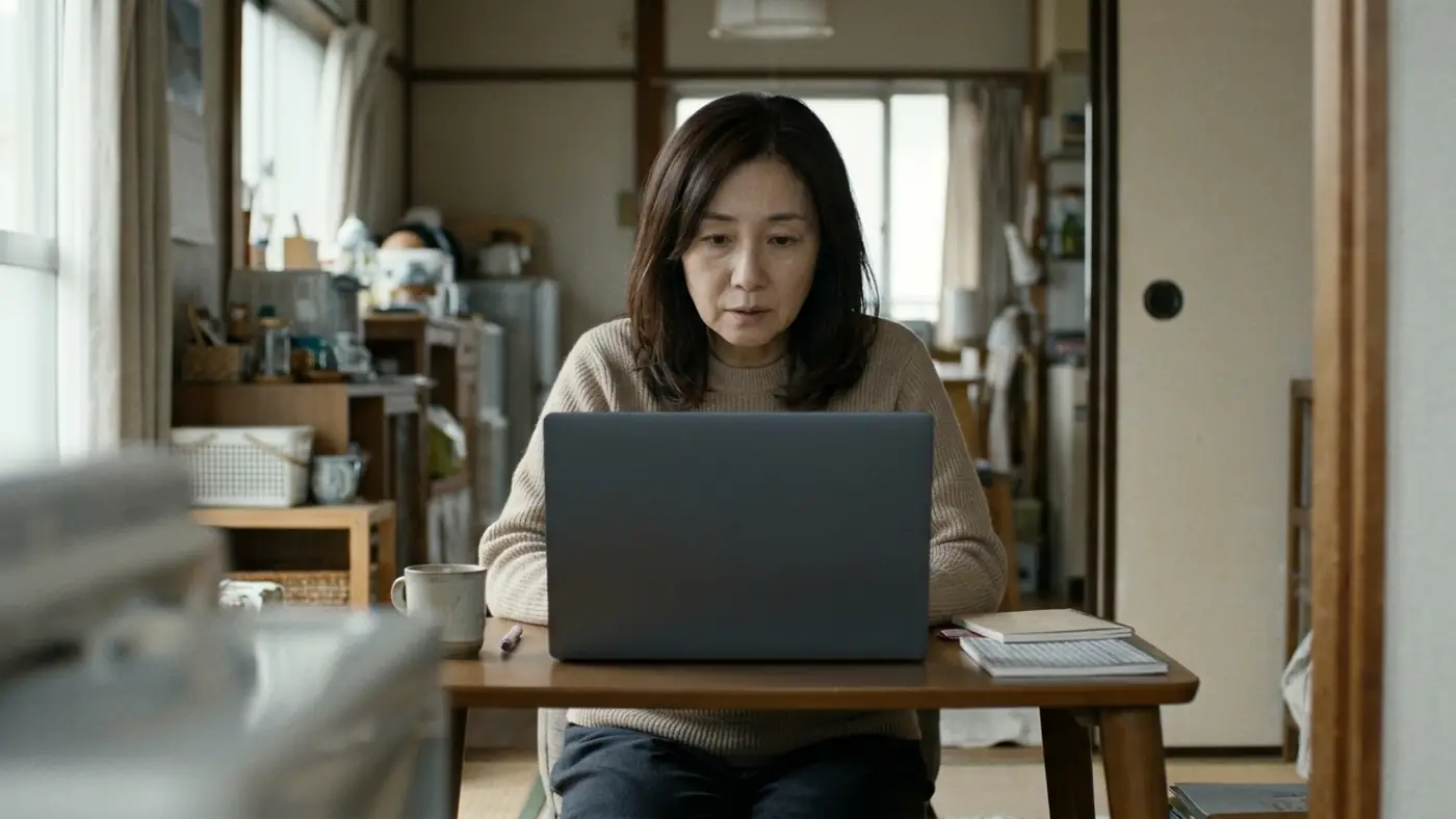 自宅の居間で、ノートパソコンの取引履歴を確かめる様子（創作事例のイメージ）