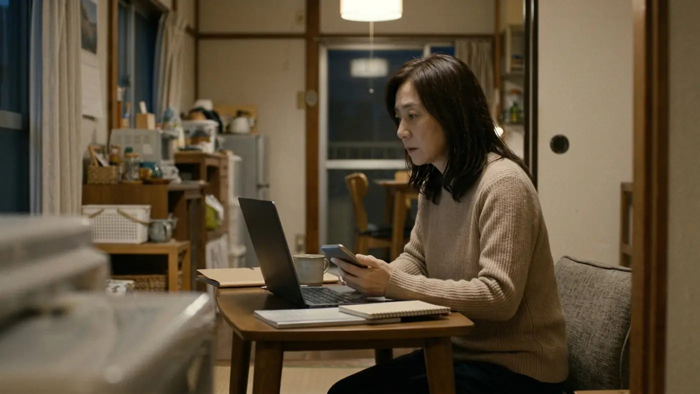夜の居間で、スマートフォンからもログインして履歴を探す様子（創作事例のイメージ）