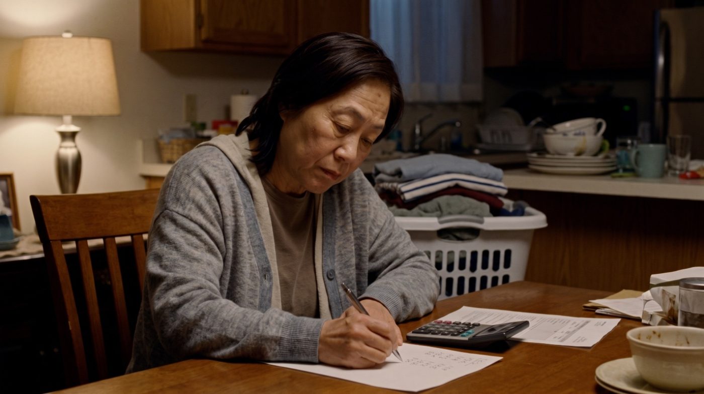 電卓を手にメモを取り直す様子（創作事例のイメージ）