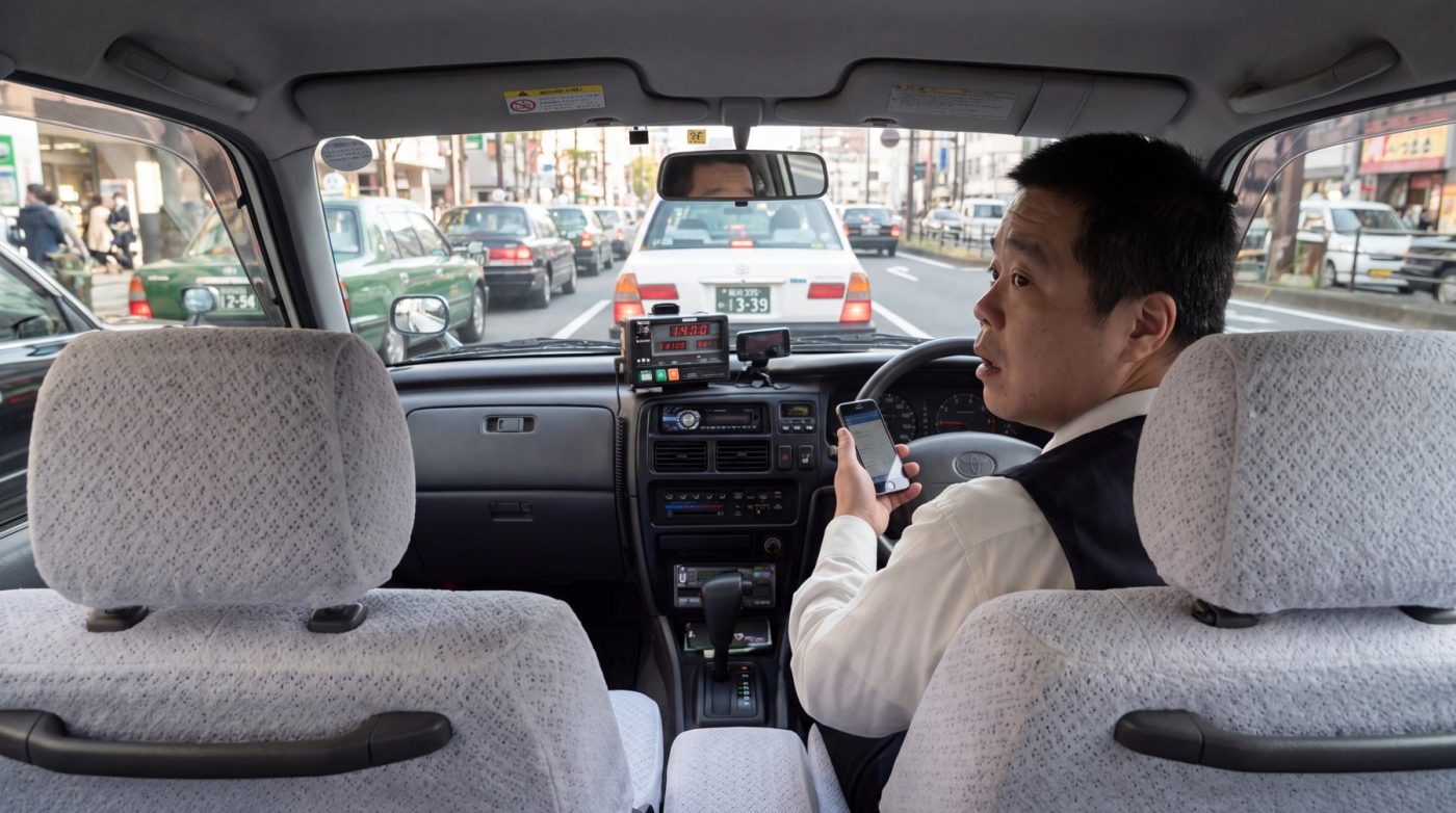 後部座席から見た、スマートフォンを操作する運転席（創作事例のイメージ）