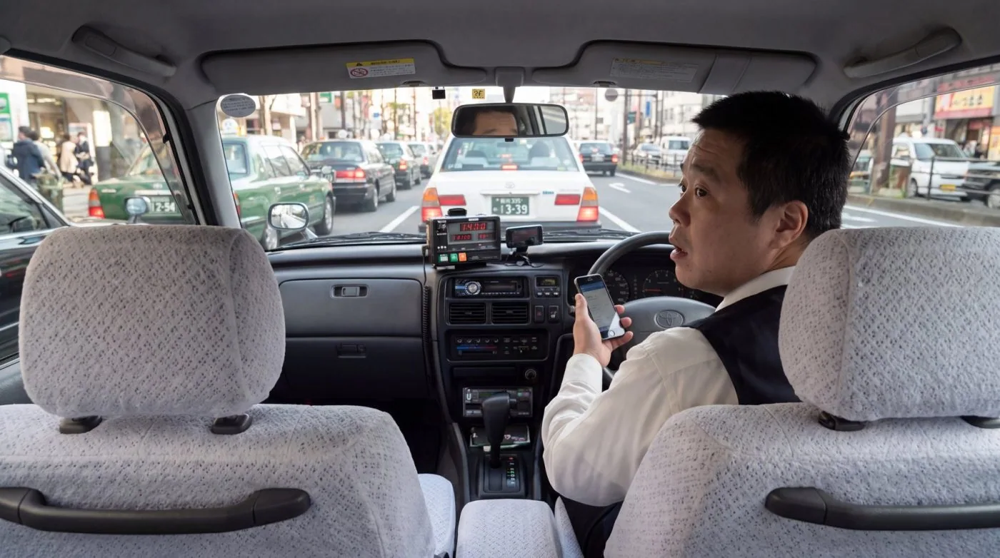 後部座席から見た、スマートフォンを操作する運転席（創作事例のイメージ）