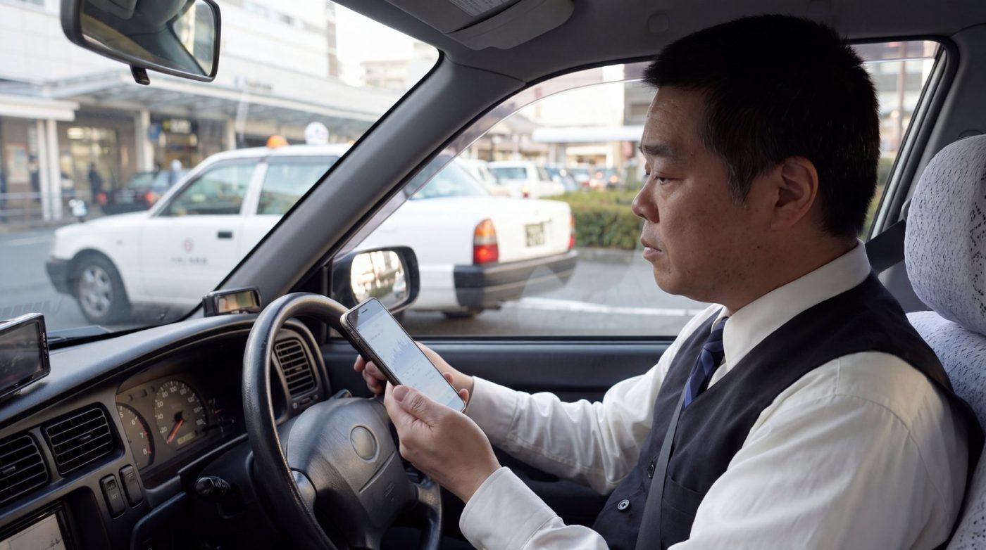 待機中の車内でスマートフォンを確認する様子（創作事例のイメージ）