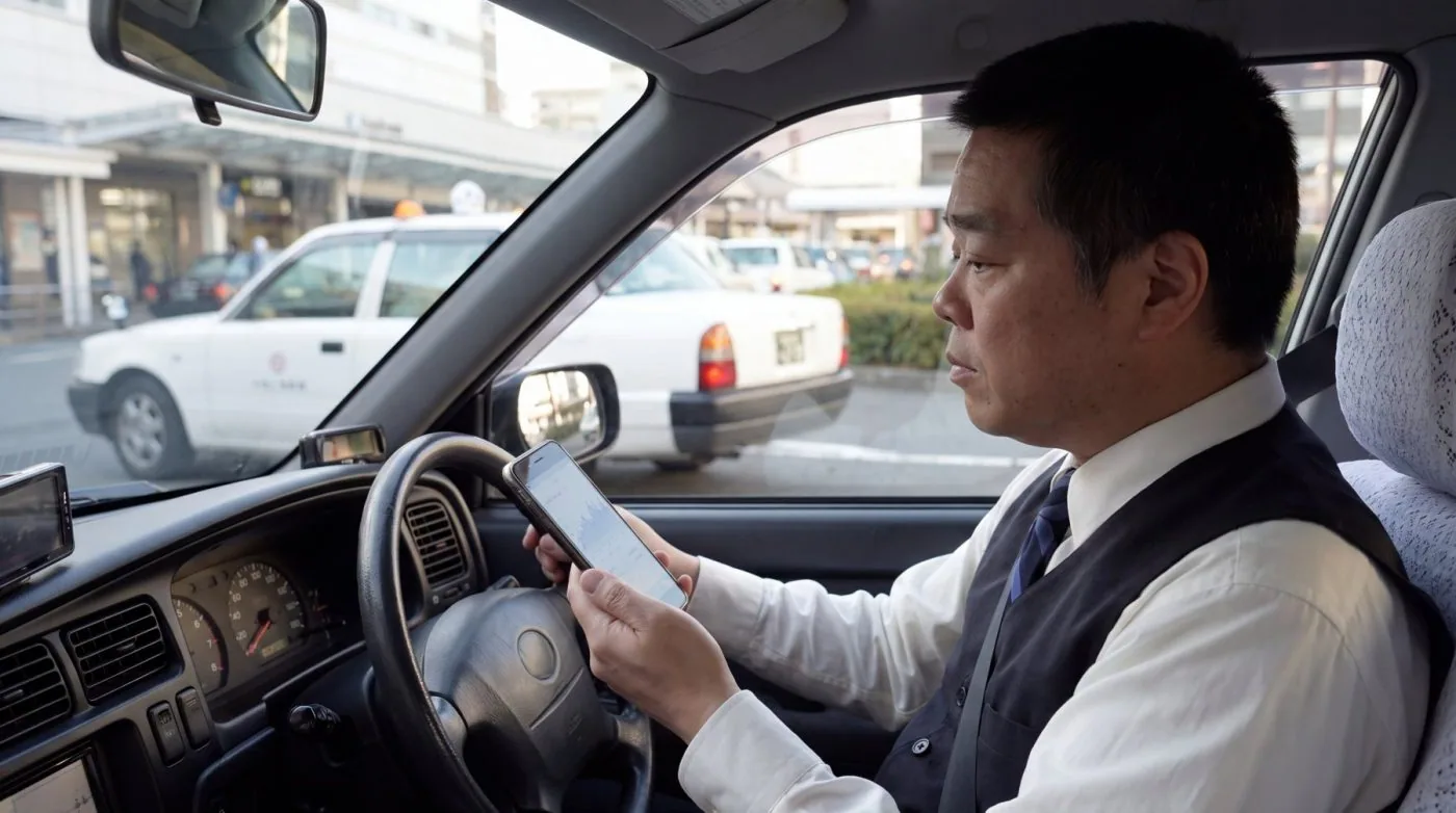 待機中の車内でスマートフォンを確認する様子（創作事例のイメージ）