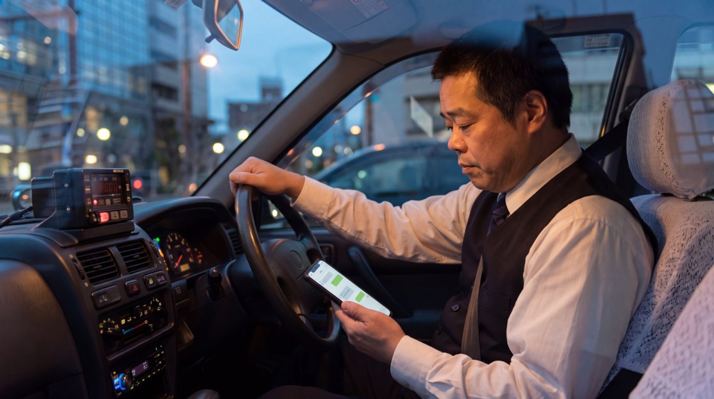 夜の車内でスマートフォンを操作する様子（創作事例のイメージ）