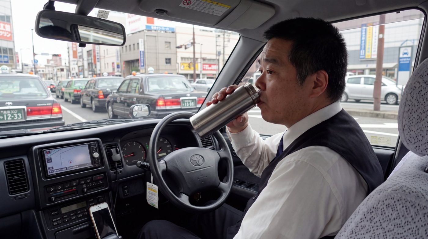 乗務の合間に車内で一息つくドライバー（創作事例のイメージ）