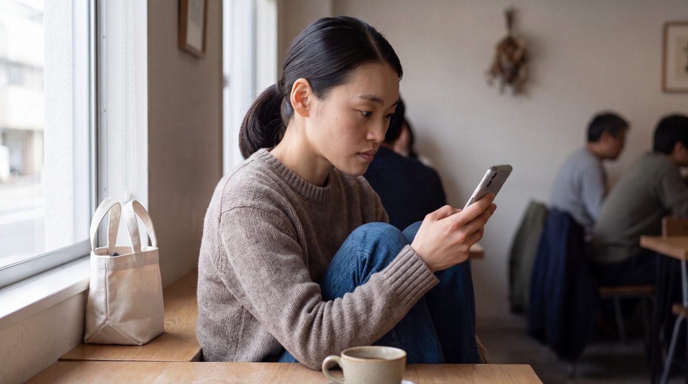 休憩中にスマートフォンを確認する様子（創作事例のイメージ）