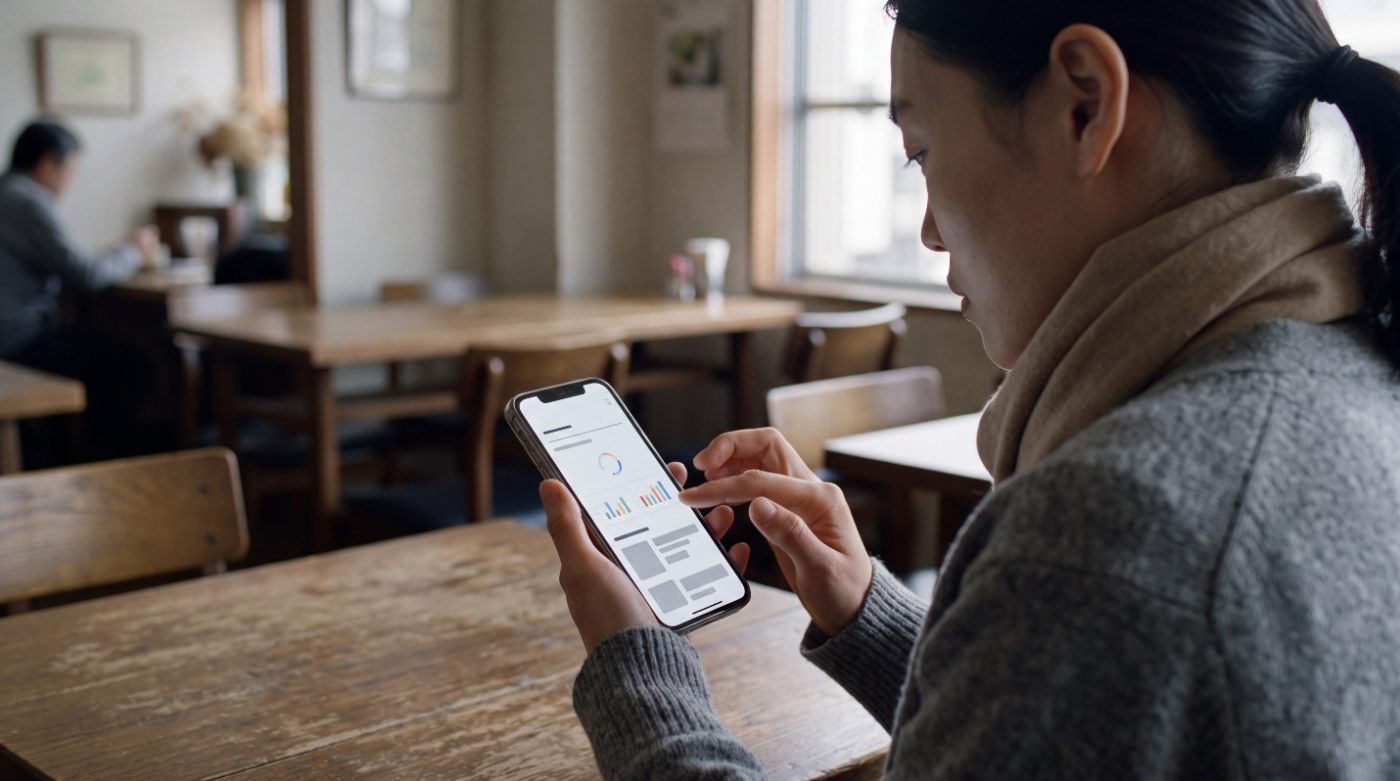 食堂の席でスマートフォンを見つめる様子（創作事例のイメージ）