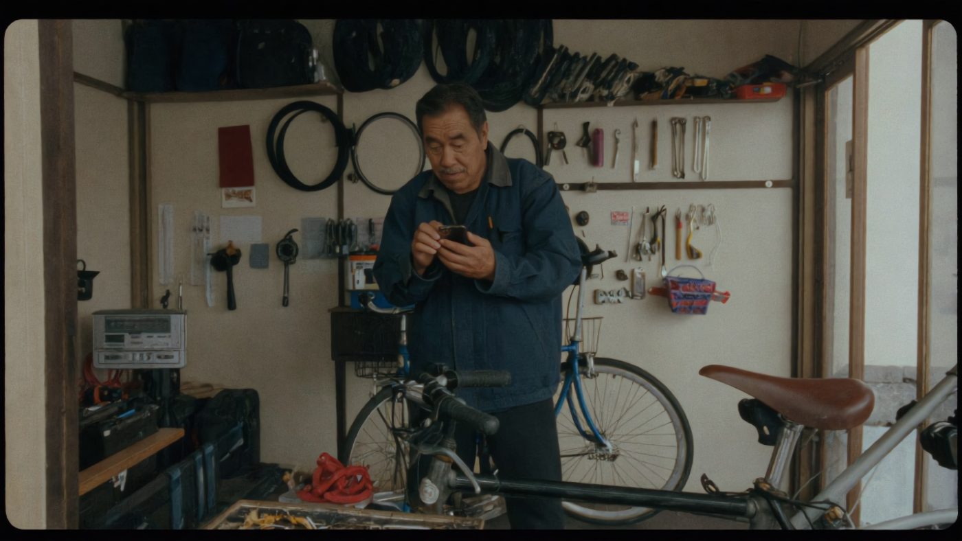 作業場で自転車を整備する様子(創作事例のイメージ)