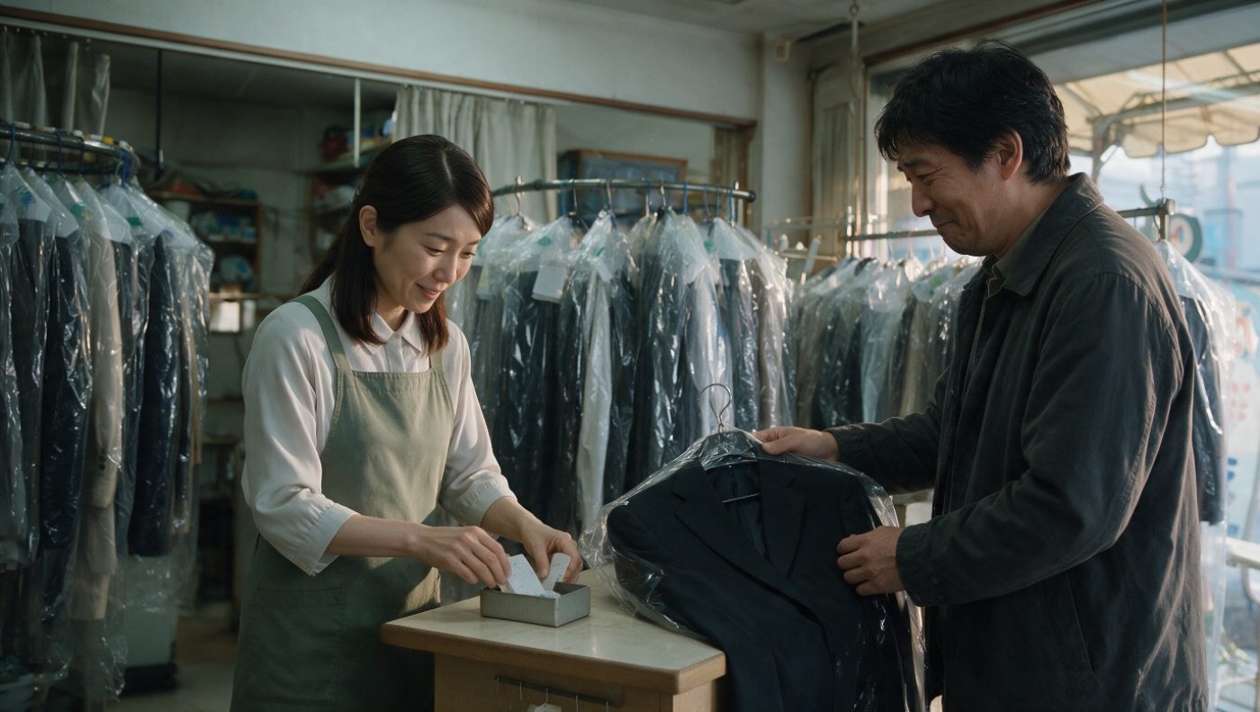 店のカウンターで接客する様子(創作事例のイメージ)