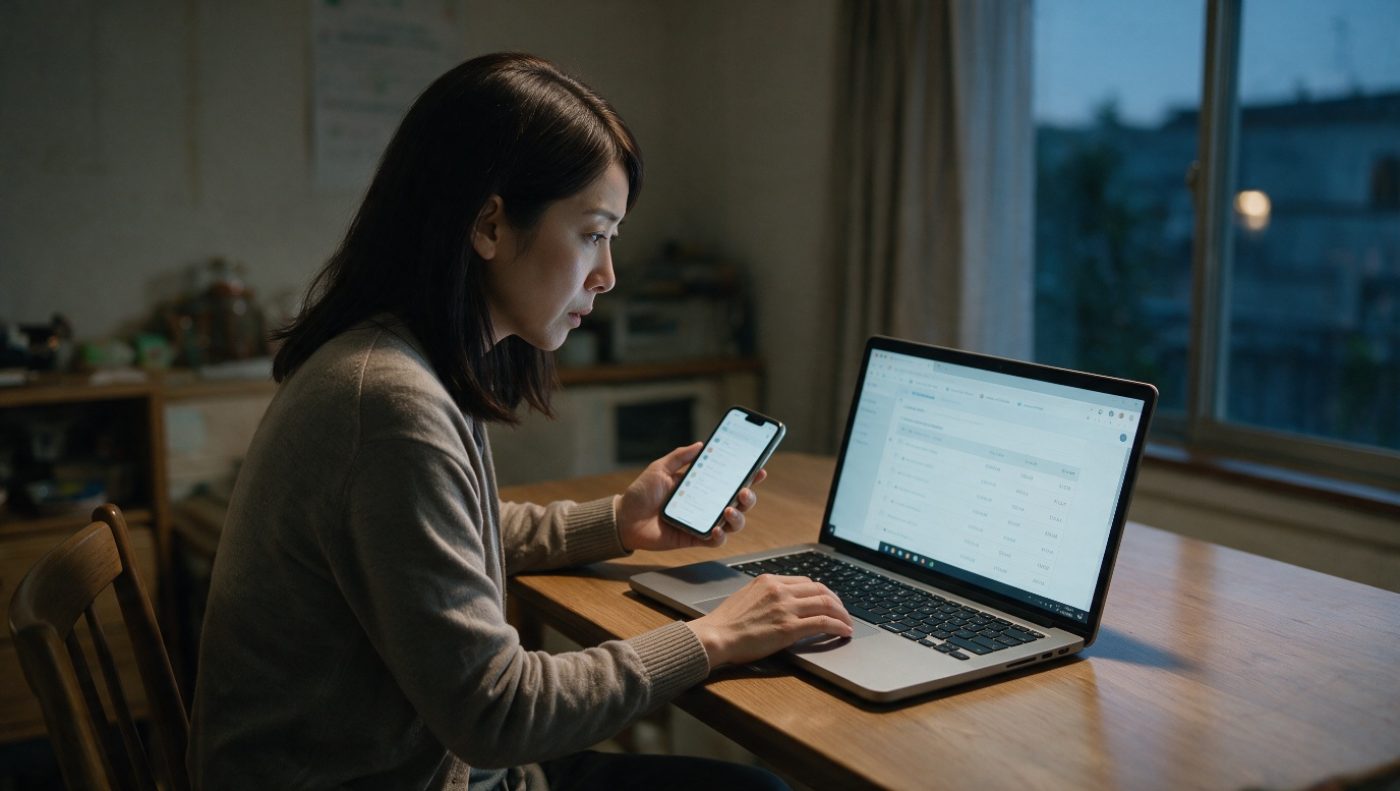 夜、パソコンとスマートフォンを並べて確認する様子(創作事例のイメージ)