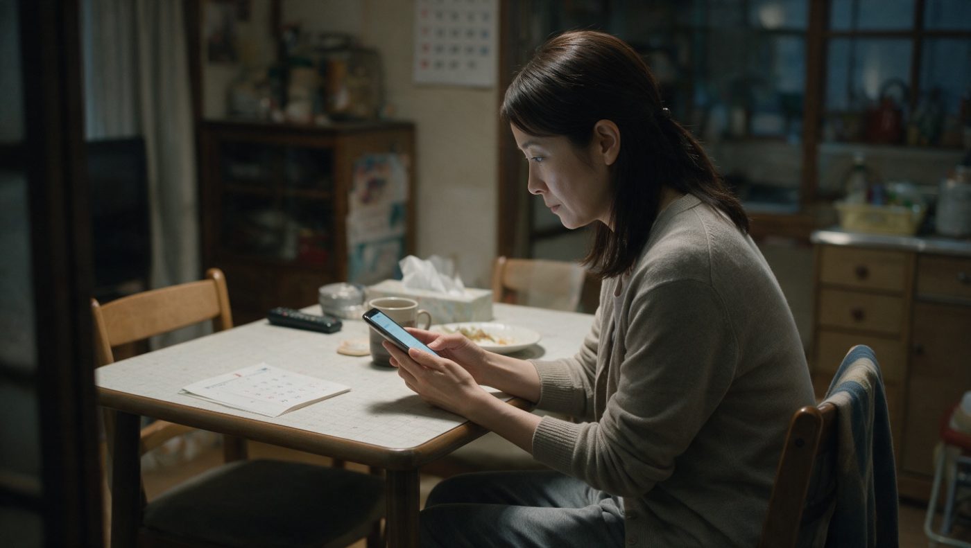 作業場の机でスマートフォンを確認する様子(創作事例のイメージ)