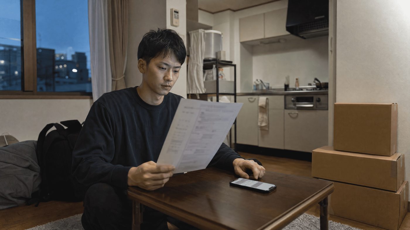 段ボールに囲まれた部屋で書類を確認する様子(創作事例のイメージ)