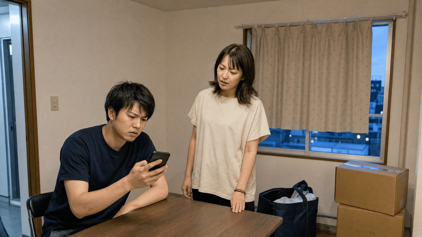 引っ越し先の部屋でスマートフォンを確かめる夫婦(創作事例のイメージ)